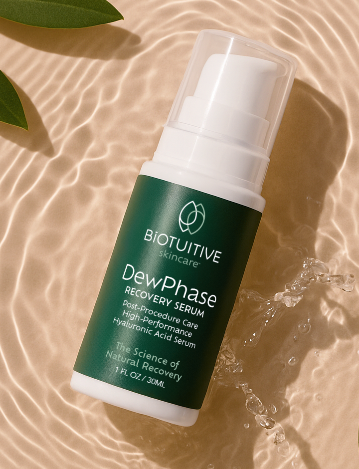 Biotuitive DewPhase Bottle on water against a tan background